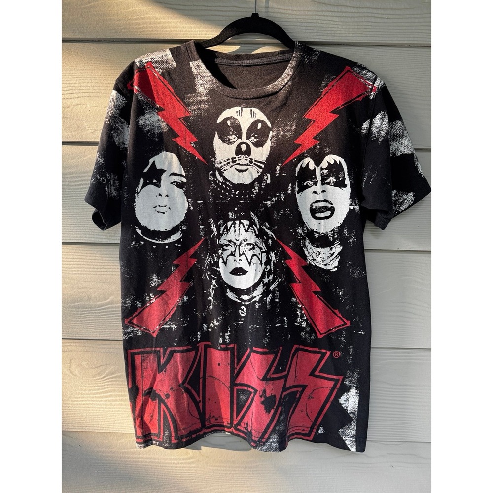 KISS Black Red All Over Graphic Band T-Shirt Rock Metal Punk Tee